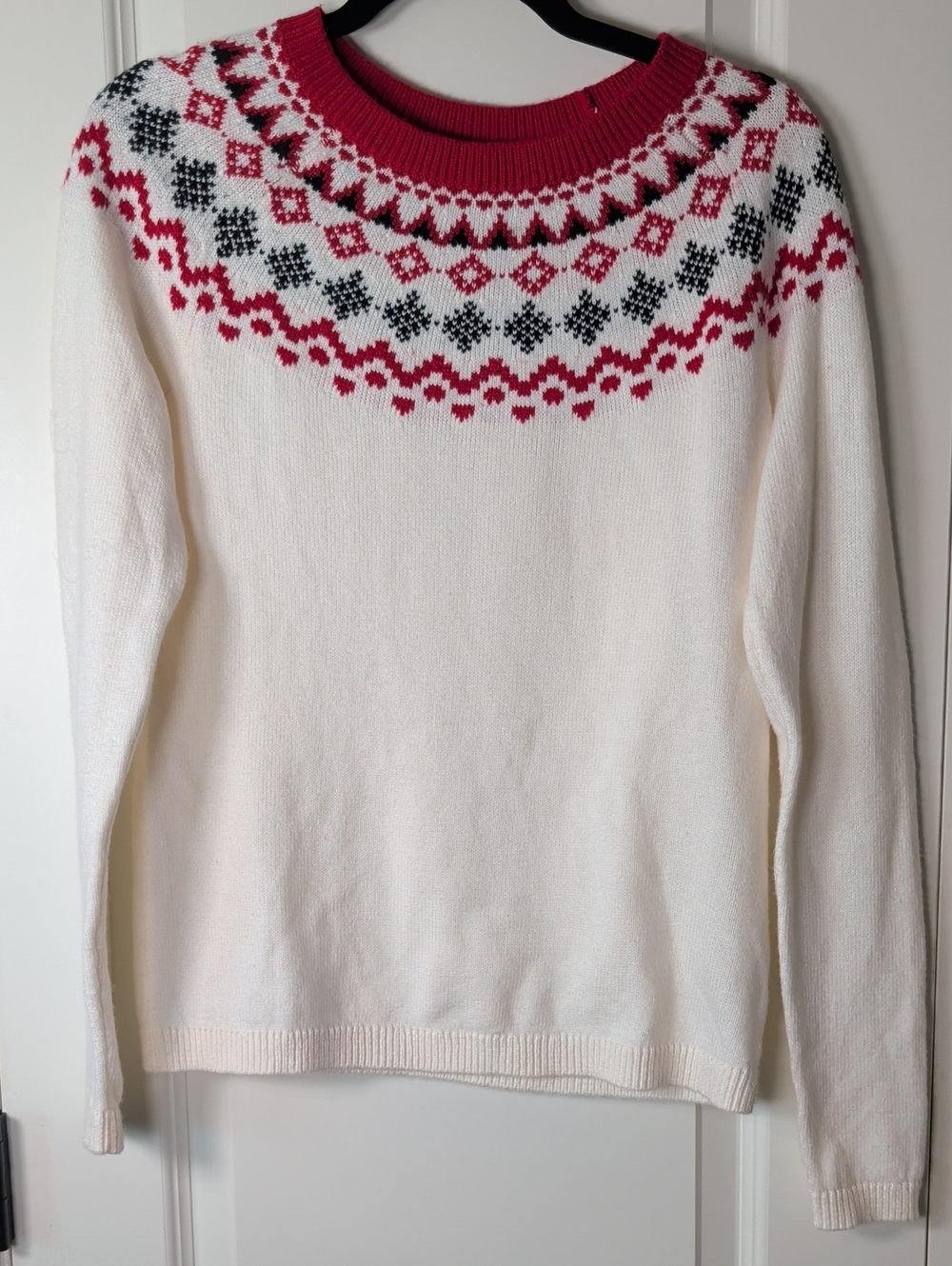 Talbots Cream Fair Isle Yoke Sweater with Pink and Black Accents